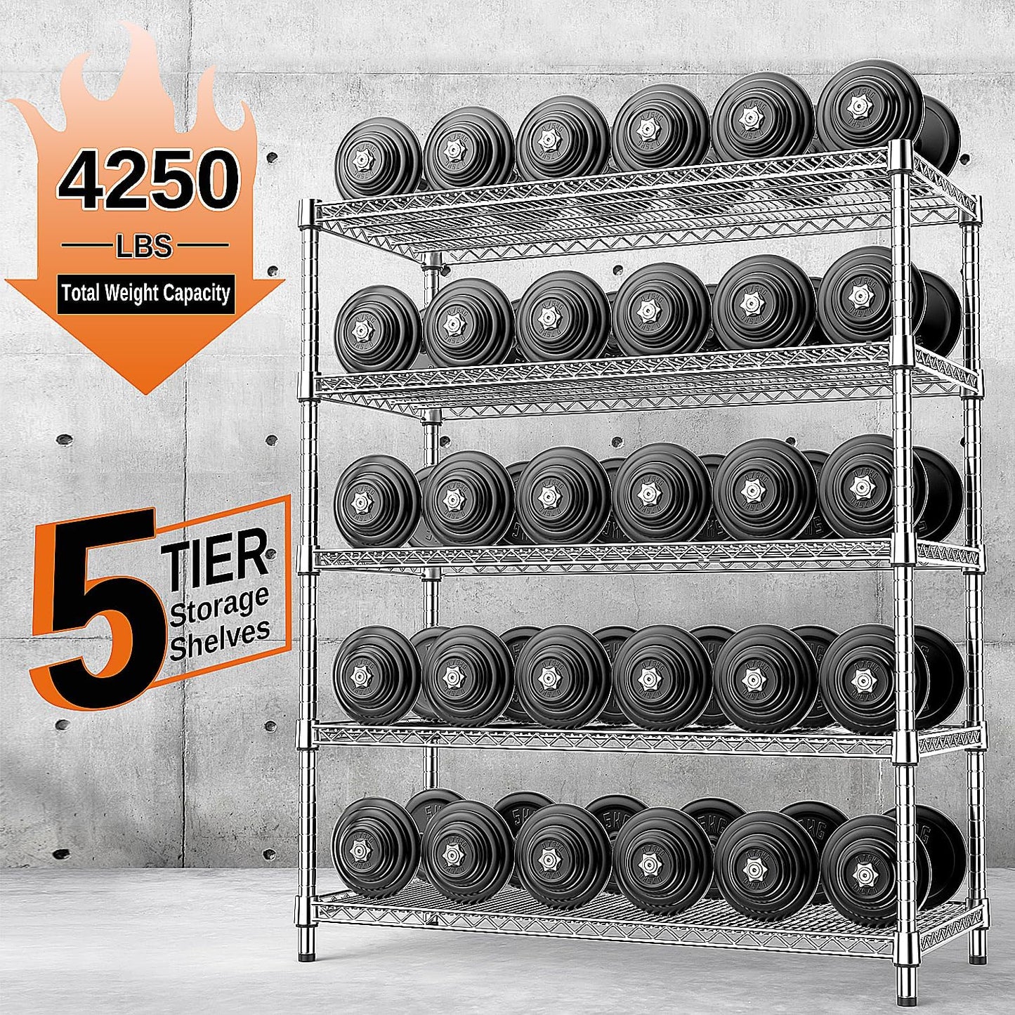 IZEUK 4250 LBS Garage Shelving Wide Storage Shelves 5 Tier Metal Shelves Heavy Duty Adjustable Utility Shelf Rack Chrome 17.7" D x 59.1" W x 70.4" H