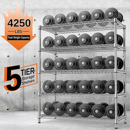 IZEUK 4250 LBS Garage Shelving Wide Storage Shelves 5 Tier Metal Shelves Heavy Duty Adjustable Utility Shelf Rack Chrome 17.7" D x 47.2" W x 70.4" H