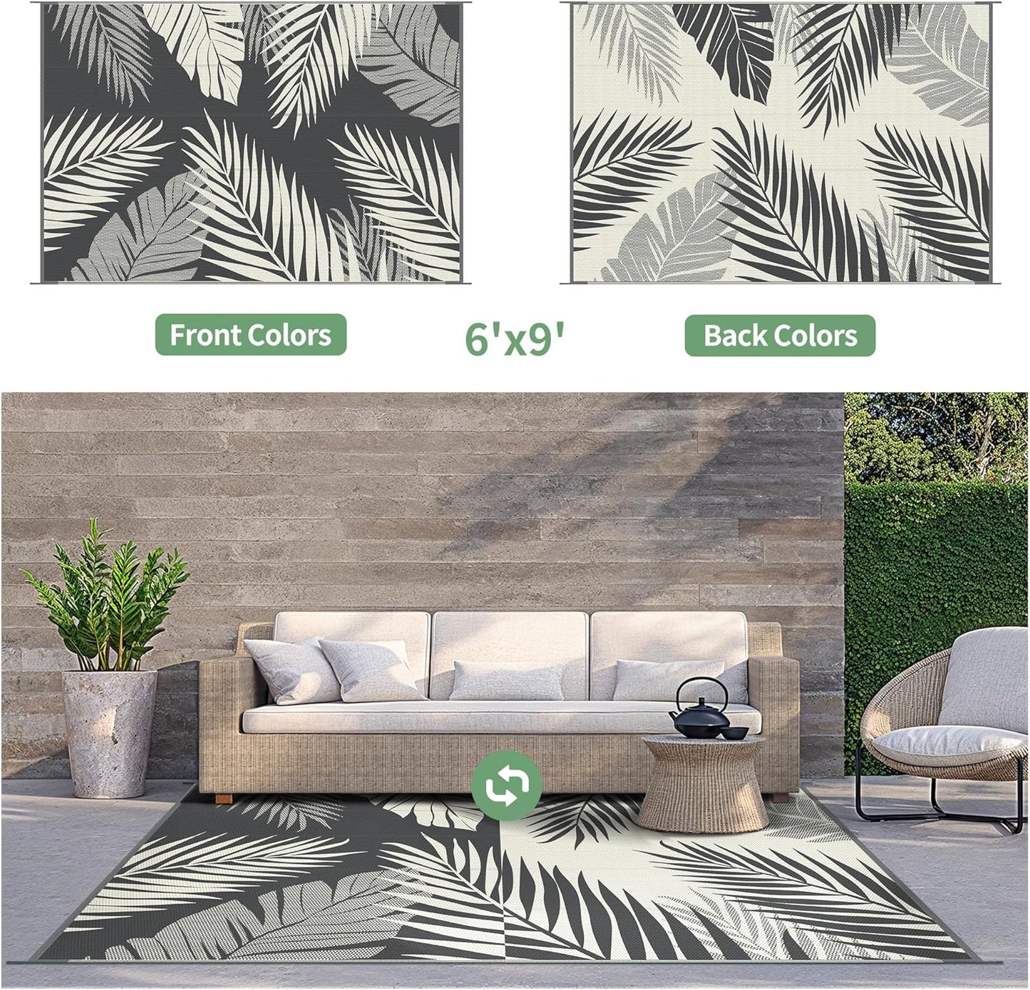 GENIMO Outdoor Rug 6' x 9' Waterproof for Patios Clearance, Reversible Plastic Straw Camping Carpet, Large Area Rugs Mats for RV, Picnic, Backyard, Deck, Balcony, Porch, Beach, Yellow&Grey