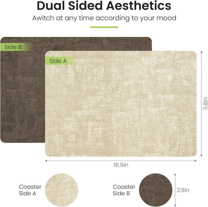 Faux Leather Dual Sided Placemats Set of 4, Square Non-Slip Heat Resistant Placemats with Coaster, Reversible wipeable Waterproof Table Mats for Kitchen, Dining, Outdoor (4, Beige Dark Coffee)