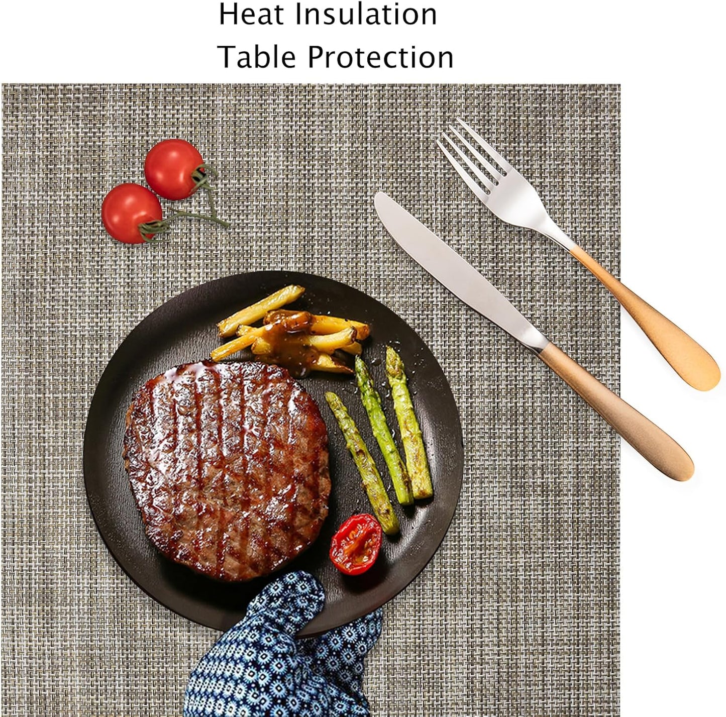 Myir JUN Placemats Set of 6, Vinyl Woven Placemats Place Mats Indoor Washable Table Mats Non-Slip Place mats for Dining Table (Caramel, Set of 6)