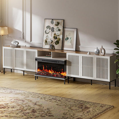 3-Sided Glass Farmhouse Fireplace TV Stand for TVs Up to 110 Inch, Entertainment Center with 36" Electric Fireplace, Antique White TV Console with Storage Cabinets for Living Room