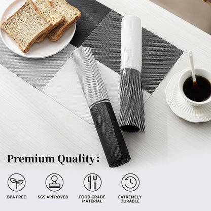 Leetaltree Gray with White Grid Pattern Placemats Set of 12 - Heat Resistant Non-Slip Place mats for Dining Table, Washable Durable PVC Vinyl Woven Table Mats（Grey Grid, 12）