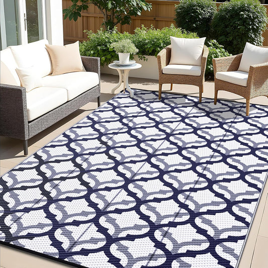 OLANLY Reversible Outdoor Rug 8x10 ft Clearance, Waterproof Outdoor Plastic Straw Rug with Interlacing Pattern, RV Mat for Patio, Camping, Balcony, Deck, Backyard, Navy & White