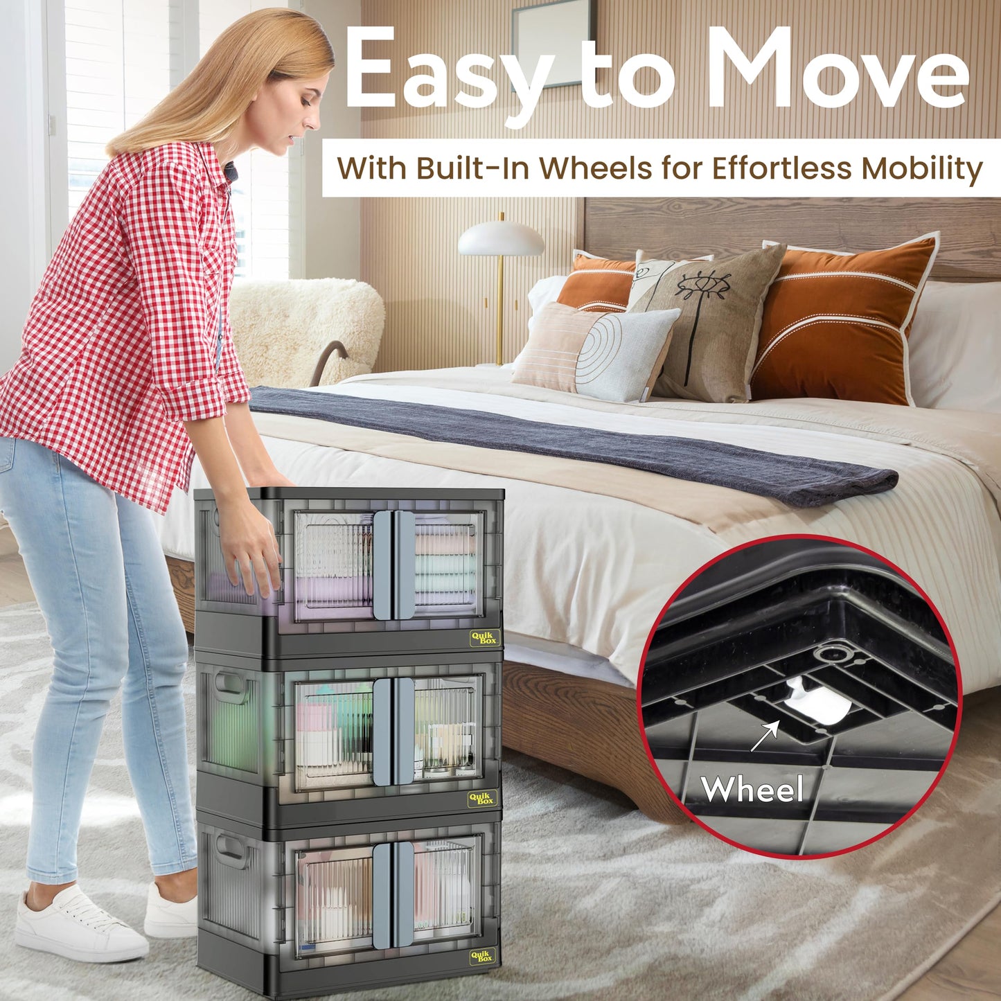 Quik Box - 8.5 Gallon 3-Pack Stackable Storage Bins with Doors & Wheels - Collapsible Organizer for