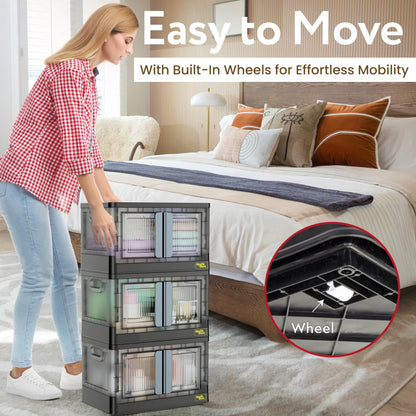 Quik Box - 8.5 Gallon 3-Pack Stackable Storage Bins with Doors & Wheels - Collapsible Organizer for
