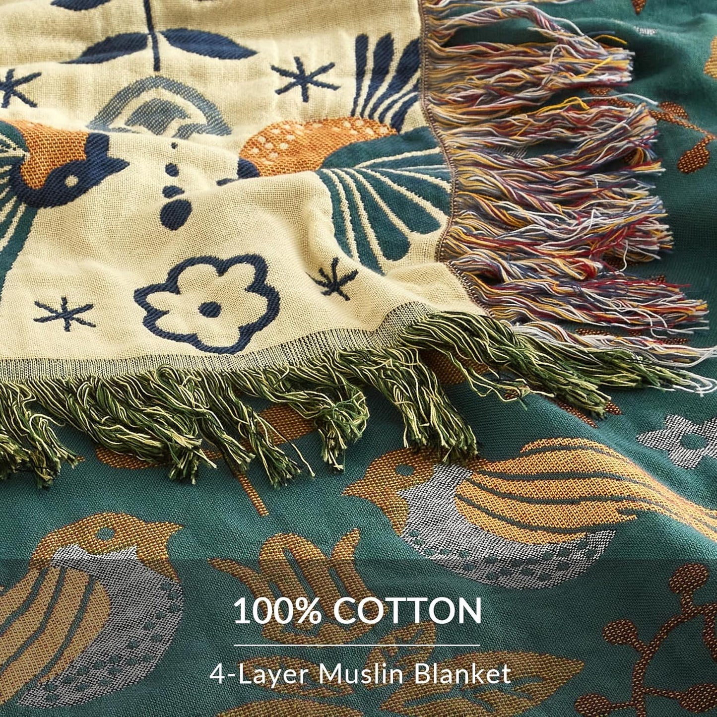 Boho Throw Blanket for Couch Sofa Bed, 100% Cotton Woven Quilt with Tassel 60”x80”, Super Soft Muslin Blanket with Bird Printed, Decorative Reversible Bed Blanket/Cover for All Seasons