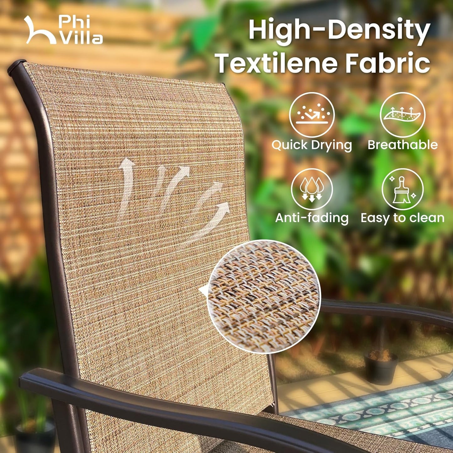 PHI VILLA Outdoor Swivel Bar Stools Set for 4, Metal Patio Bar Table and Chairs Set with Brown Textilene Fabric for Outside