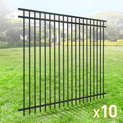 Fencer Wire Pack of 10 Heavy Duty Flat Top Fence Barrier Panel, 6FT Height X 8FT Width Anti-Rust Metal Fencing Panel, 2” Diameter Steel Outdoor Decorative Garden Fence Panel for Yard, Pool, Patio