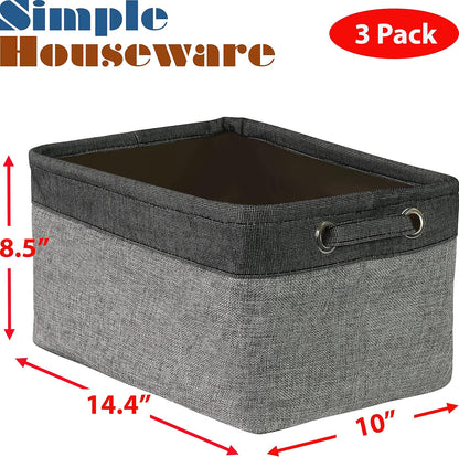 SIMPLE HOUSEWARE Large Fabric Storage Bin, 14.4" x 10" with Handles, 3-Pack, Foldable Organizer for Closet and Shelf, Dark Gray