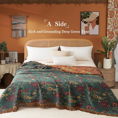Boho Throw Blanket Queen Size, Oversized Soft Cozy Cotton Muslin Quilt Blanket for Bed Decor, Floral Patterned Couch Sofa Chair Cover, Vintage Farmhouse Cottage Woven Blanket, Green&Orange