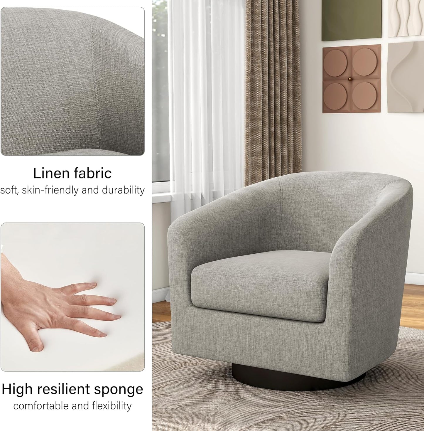 Swivel Barrel Accent Chair, Modern Round Linen Arm Chair for Living Room, Bedroom, Comfy Club Reading Chairs for Adults（Linen Fabric, Khaki, Set of 4