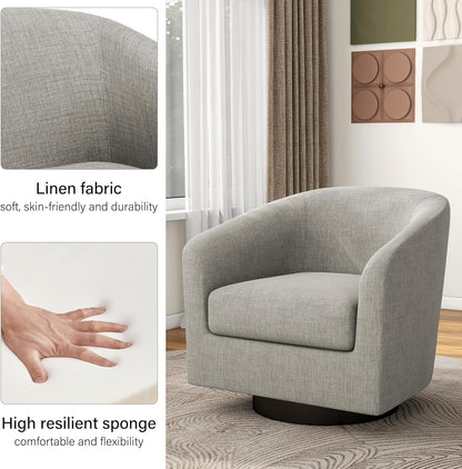 Swivel Barrel Accent Chair, Modern Round Linen Arm Chair for Living Room, Bedroom, Comfy Club Reading Chairs for Adults（Linen Fabric, Khaki, Set of 4