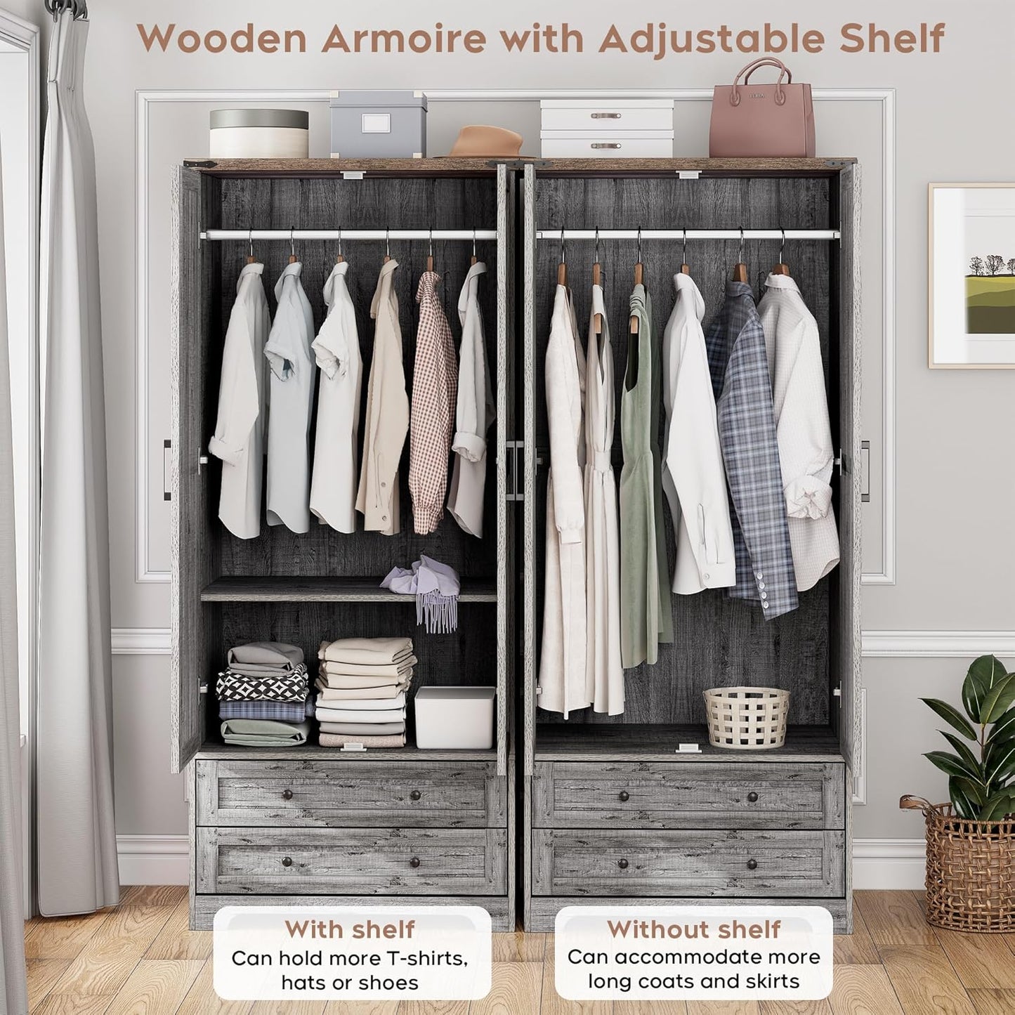 Brafab Armoire Wardrobe Closet with 2 Modern Doors, 71" Tall Freestanding Closet Wardrobe Cabinet with Drawers and Hanging Rail, Light Wooden Storage Cabinet with Shelve for Bedroom (Grey, 4 Doors)