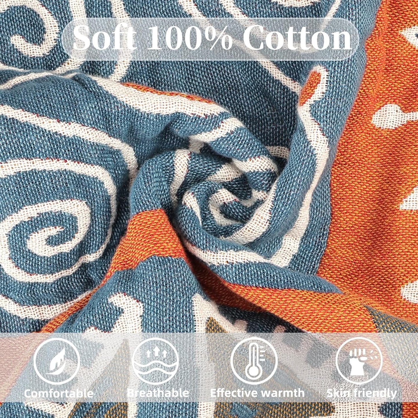 Boho Throw Blanket for Bed - 100% Pure Cotton Ultra Soft Rustic Quilt - Farmhouse Decor Bed Blankets, All Season Rustic Throw for Sofa Couch Chair(91''x 98'', Art Squares)