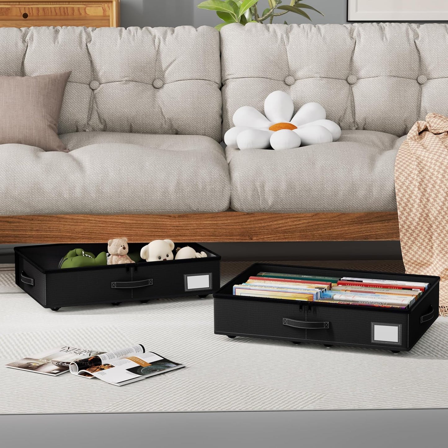 Underbed Storage With Wheels, No Assembly Required - 5.5 Inch Height Black Underbed Bins, Low Profile Rolling Shoe Storage Containers for Dorm