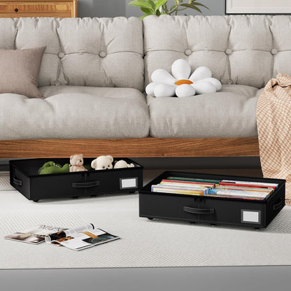 Underbed Storage With Wheels, No Assembly Required - 5.5 Inch Height Black Underbed Bins, Low Profile Rolling Shoe Storage Containers for Dorm