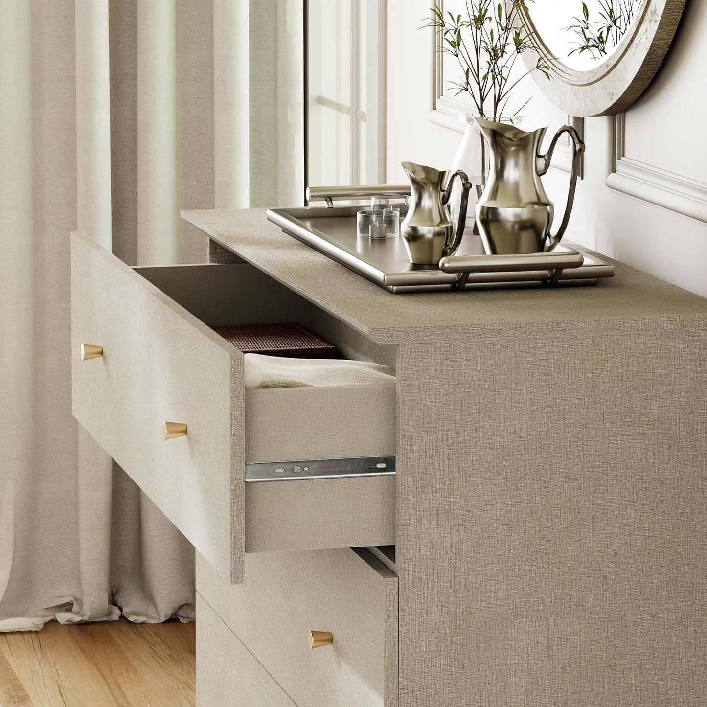 WAMPAT Dresser with 9 Drawers for Bedroom, 106" Wide Wooden Chest of Drawers, Modern Long Dressers Closet Storage Organizer with Solid Wood Legs for Living Room, Kids Room, Nursery, Beige