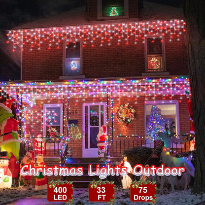 33ft Red and White Christmas Lights, 400 LED Icicle Lights for Outside, Clear Wire Connectable Twinkle Light with 8 Modes Timer Waterproof for House Window Party Tree Holiday Patio Yard Home Decor