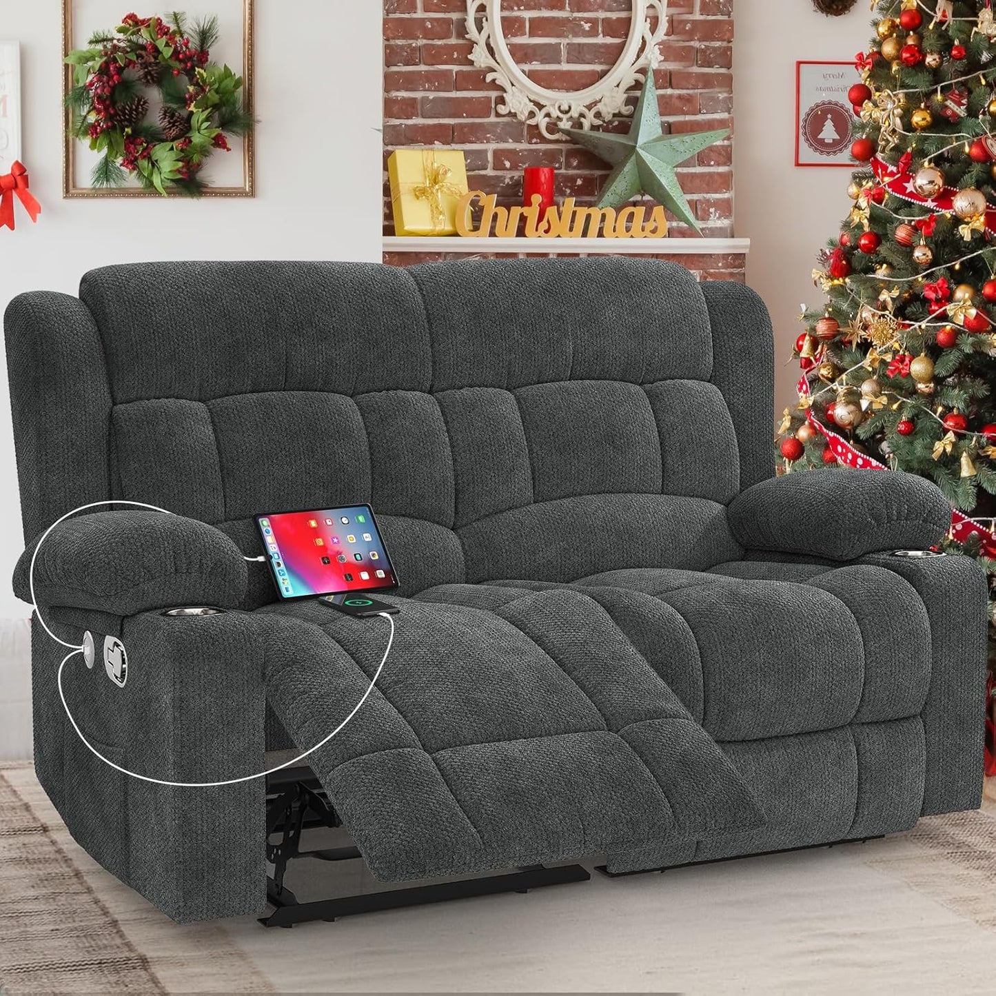 Loveseat Recliner Sofa, 2 Seater Minimalist Style Fabric Manual Pull Tab Reclining Loveseat with USB Charge Ports, Cup Holders, Recliner Love Seat Couches for Living Room, RV, Gray