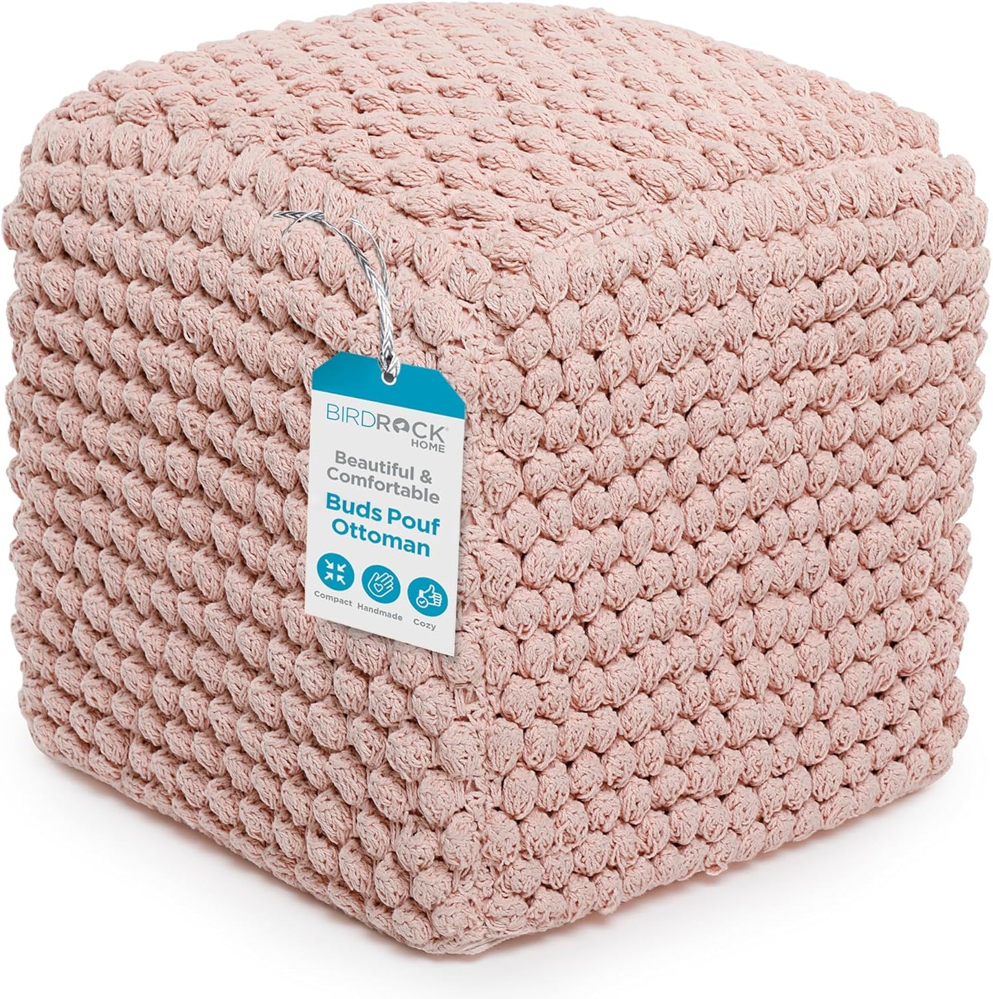 BIRDROCK HOME Buds Pouf Foot Stool Ottoman - Knit Bean Bag Floor Chair - Cotton Braided Cord - Great for The Living Room, Bedroom and Kids Room - Small Furniture (Dusty Rose - Buds)