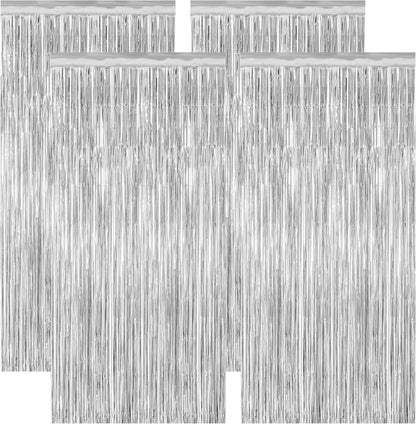 4 Pack Party Decorations, Metallic Silver Backdrop, Photo Booth Props Silver Curtains Tinsel Backdrop Foil Streamer, 21st Birthday Decorations Bachelorette Decor