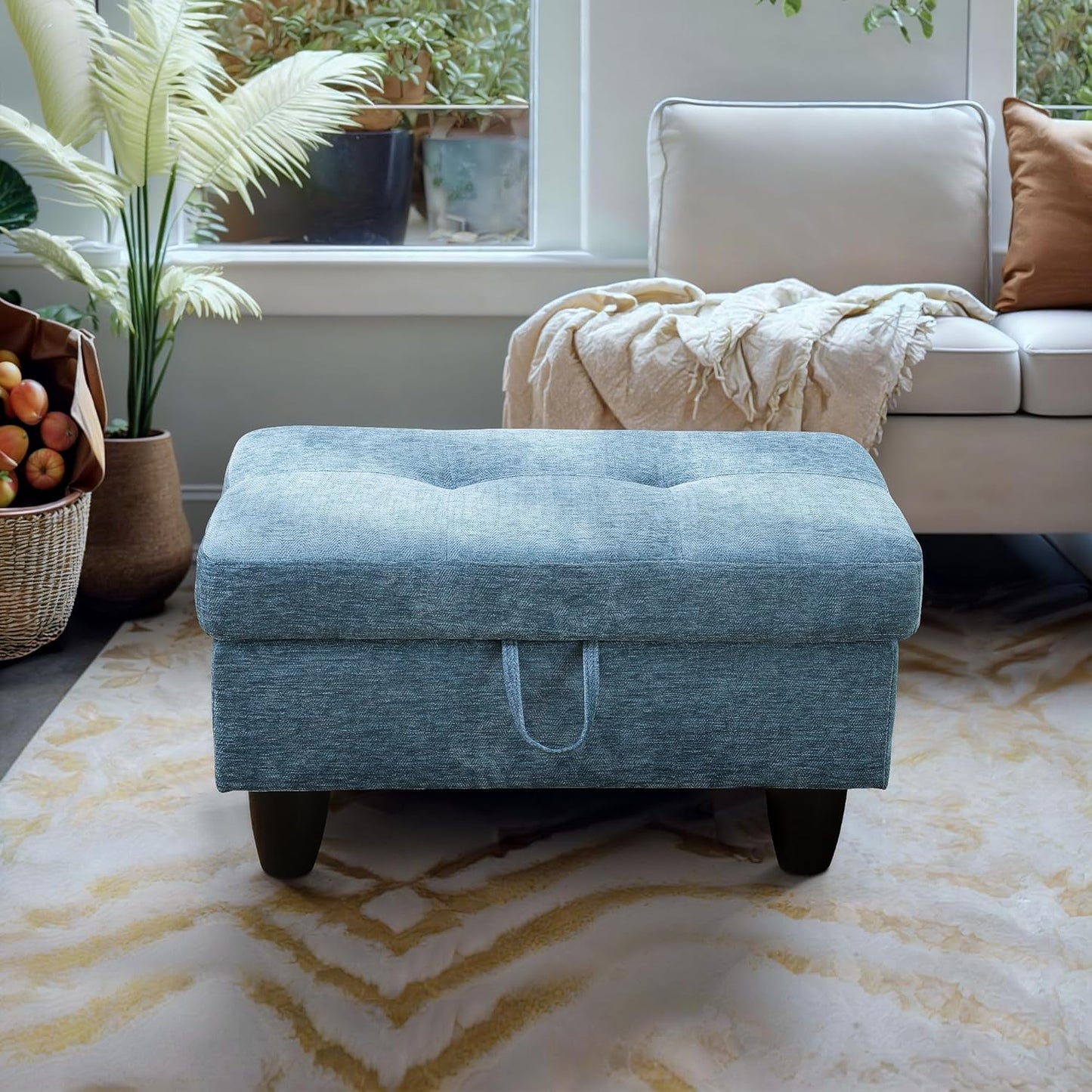 Ottoman Rectangular Storage Ottoman Bench, Flannel Footrest Stool Footstool with Lid for Living Room, Bedroom, Entryway, Light Blue, 28.5"x19"x17.5"