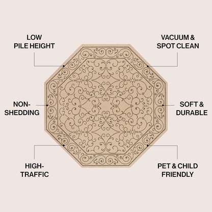 JONATHAN Y Vintage Filigree Indoor Outdoor Octagon Area Rug 8 Ft Beige/Brown, Charleston Textured Weave for Backyard, Patio, Porch, Easy-Cleaning, High Traffic, Pet-Friendly Non-Shedding SMB106A-8TGN
