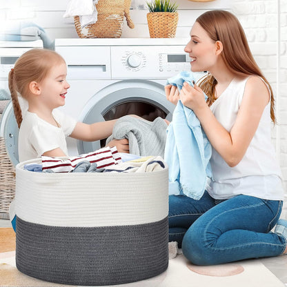 Ravinte Blanket Basket - 20"x 20"x 13" Cotton Rope Basket for Living Room, Baby Toy Storage Basket, Large Woven Laundry Basket (White-DarkGray)