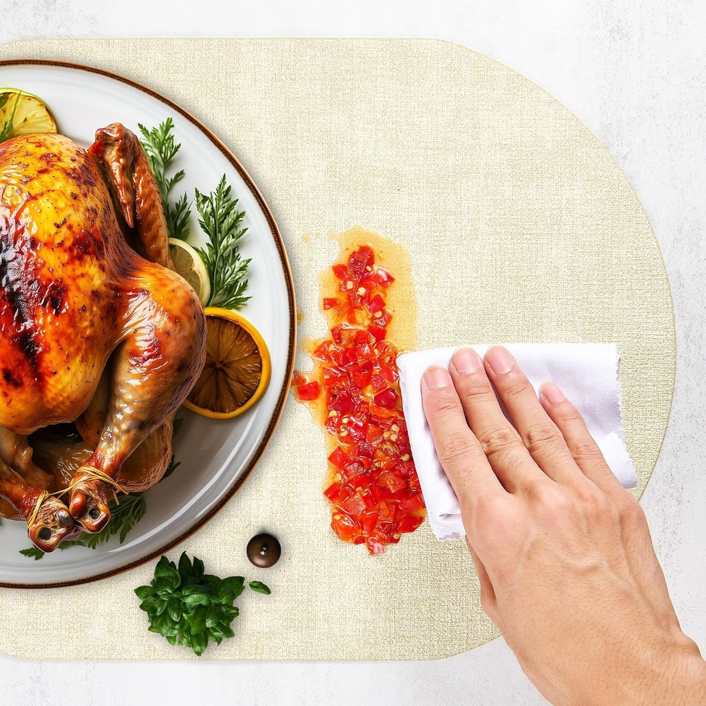 DOLOPL Placemats Set of 6, Oval Reversible Wipeable & Heat Resistant Place Mats, Modern Faux Leather Table Mats for Kitchen, Neutral Tablemats for Dining Table Decor, Wedding, Party(Beige)