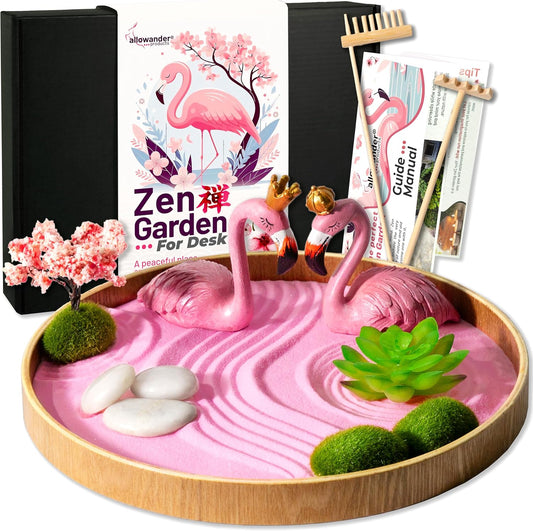 Flamingo Zen Garden Kit for Desk, Cute Japanese Flamingos Gifts for Women, Mini Zen Garden Sand Tray, Pink Room Decor Aesthetic, Home Office Desk Decorations, Sand Therapy Kit