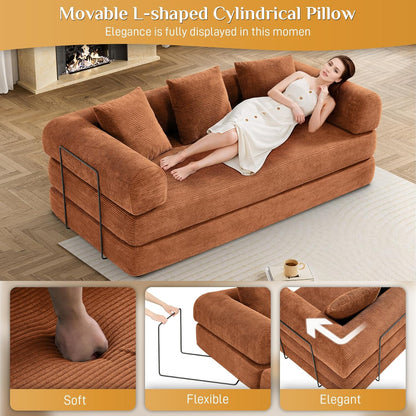 Convertible Sleeper Sofa Bed with Pillow, 4-in-1 Corduroy Folding Mattress Couch with Fixed-Shape Frame, Futon Fold Out Floor Sofa Cama Lounge Couch for Living Room Bedroom, Orange