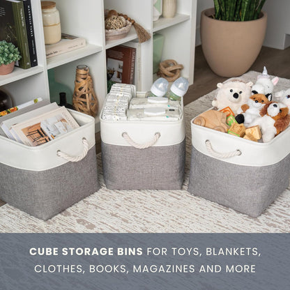 OrganiHaus 11x11 Cube Storage Bins 4 Pack, Foldable Cube Storage Organizer w/ Rope Handles, Collapsible Fabric Bins for Toys, Clothes & Closet Organization, Fabric Square Baskets - Gray/White