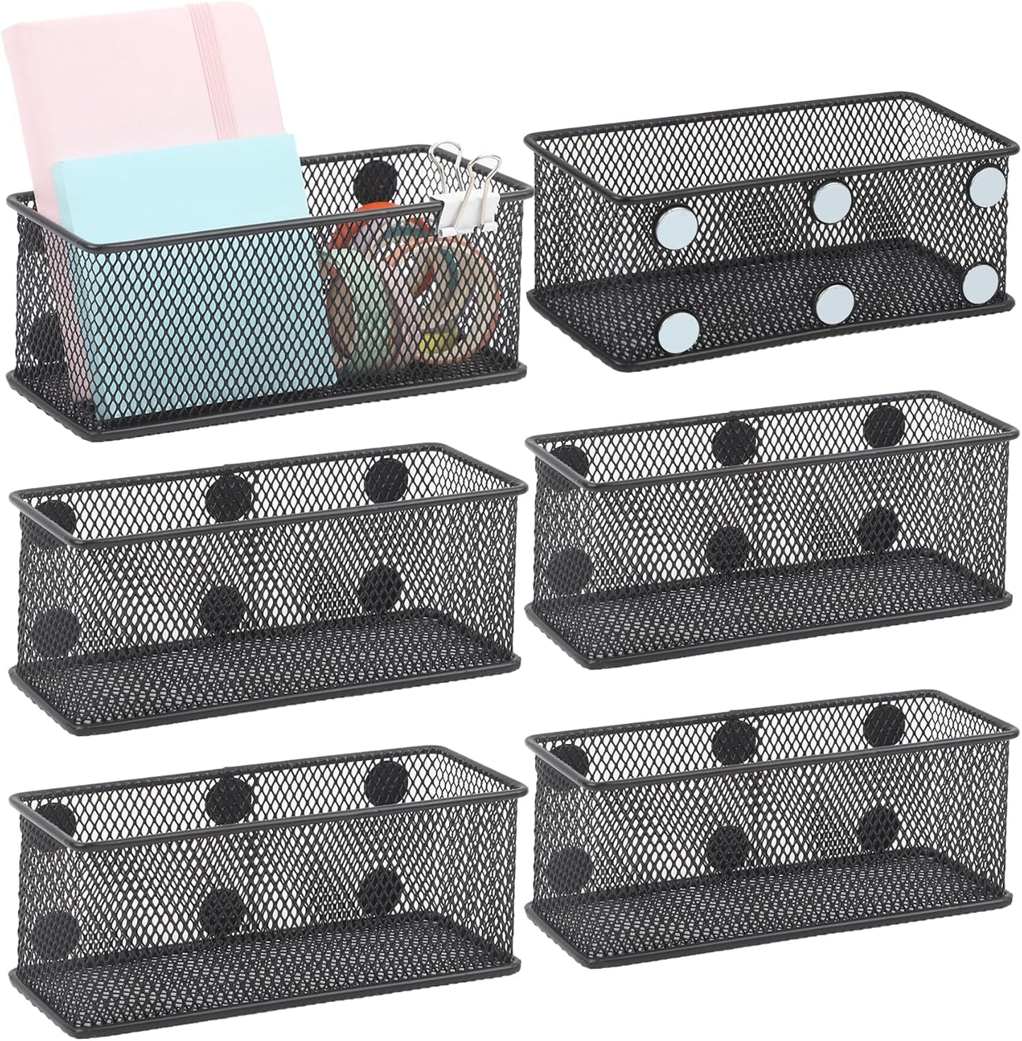 EASEPRES Magnetic Pencil Holder Set of 6 - Black Wire Mesh Storage Baskets Organizer with Strong Magnets - Perfect for Whiteboard, Refrigerator and Locker Accessories