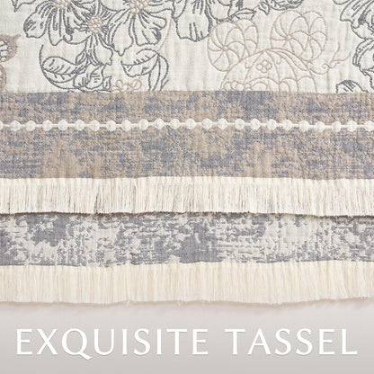 jinchan Boho Floral 100% Cotton Blanket 4-Layer Throw Blanket with Tassel Grey and White Flower Butterfly Soft Luxury Rustic Farmhouse Decor Blanket for Couch Bed 80x90 inch All Season Gift for Women