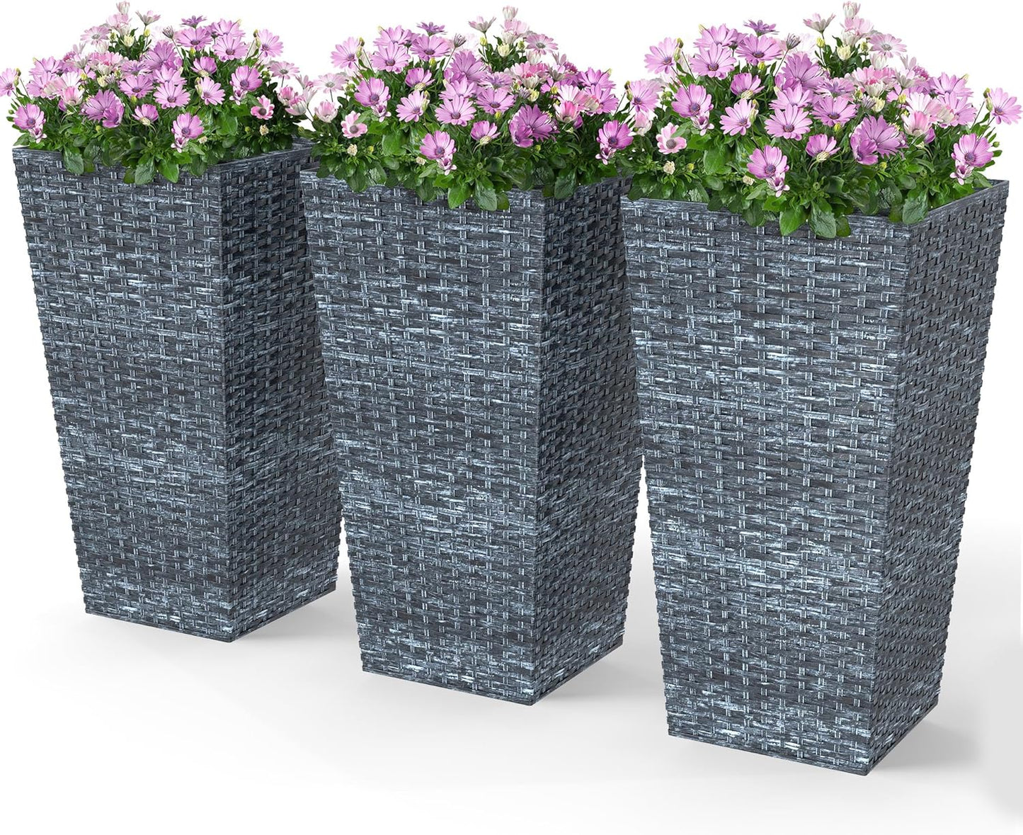 Outsunny Tall Planters for Outdoor Plants Set of 3, 24 in Taper Planters with Drainage Holes, Rattan Decor Plant Pots for Indoor Outdoor Front Porch Patio Backyard, Gray