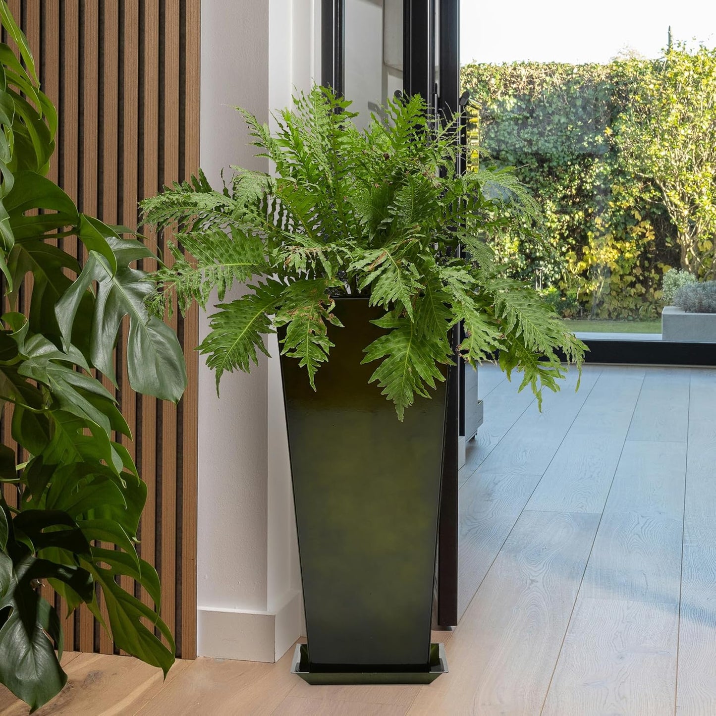 WORTH Garden 25" Large Metal Glazed Planter Set of 2, Luxurious Glossy Finish Green Tall Square Tapered Steel Plant Pots, Decor Flower Pot Indoor & Outdoor, Drainage Hole & Dual-Purpose Plant Saucer