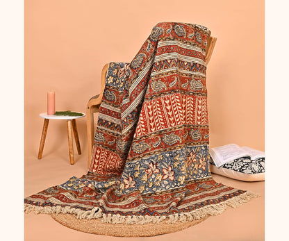 Handmade Cotton Floral Throw Blanket | Indian Block Print with Tassels | Boho Fringed Sofa & Bed Cover | 48x70 Inches Lightweight Decorative Throw for Couch, Living Room & Bedroom