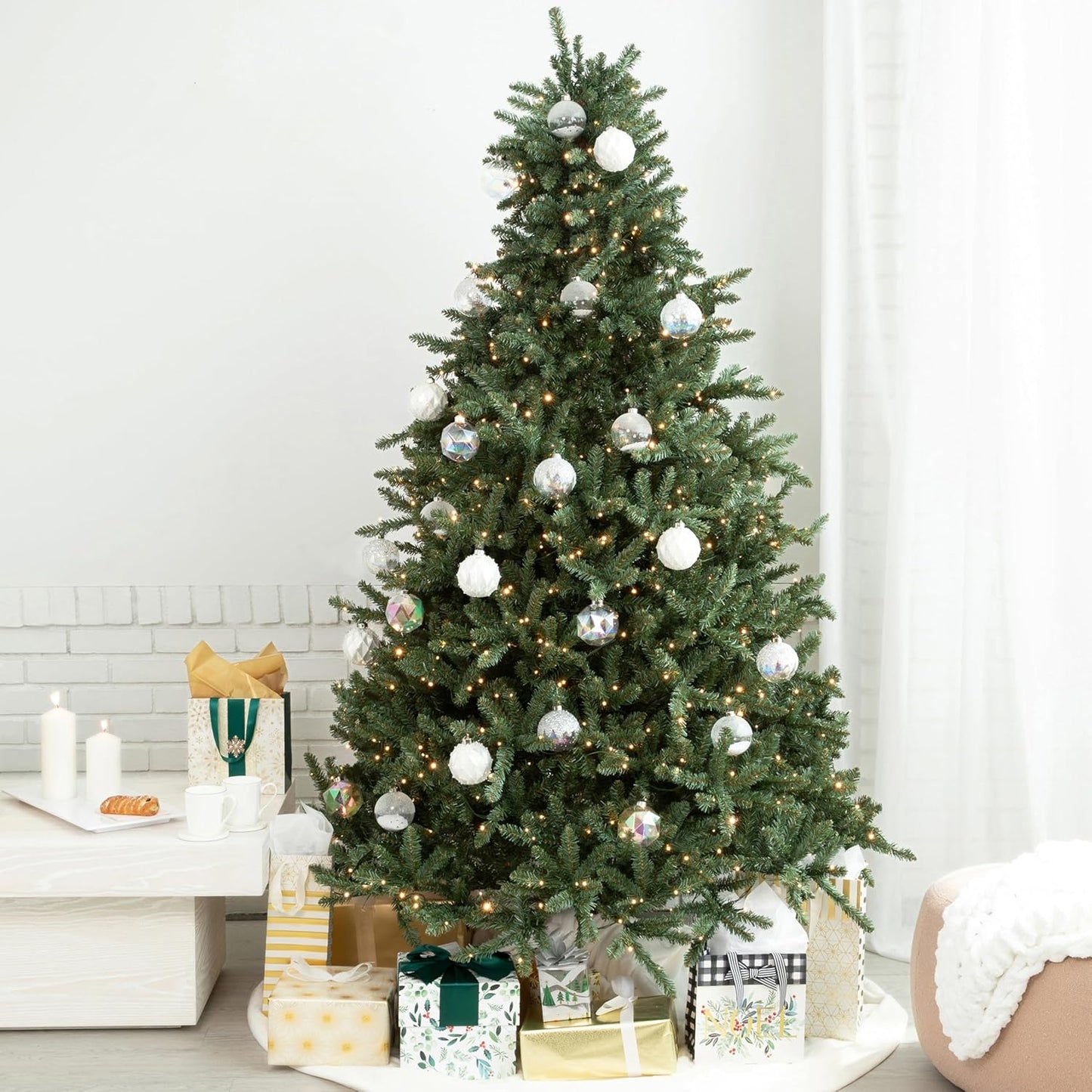 Papyrus 7 ft Pre-Lit Artificial Christmas Tree, Blue Spruce, Warm White Lights, Includes Stand and Storage Bag