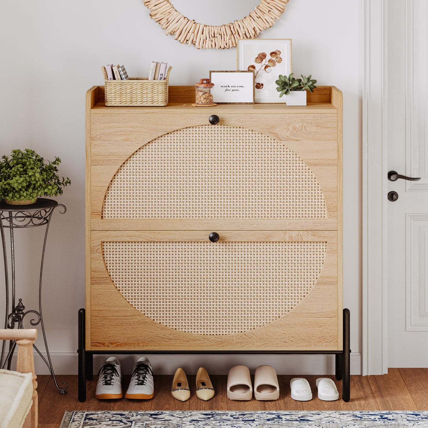 IRONCK Rattan Shoe Cabinet Storage with 2 Flip Drawers, Oak