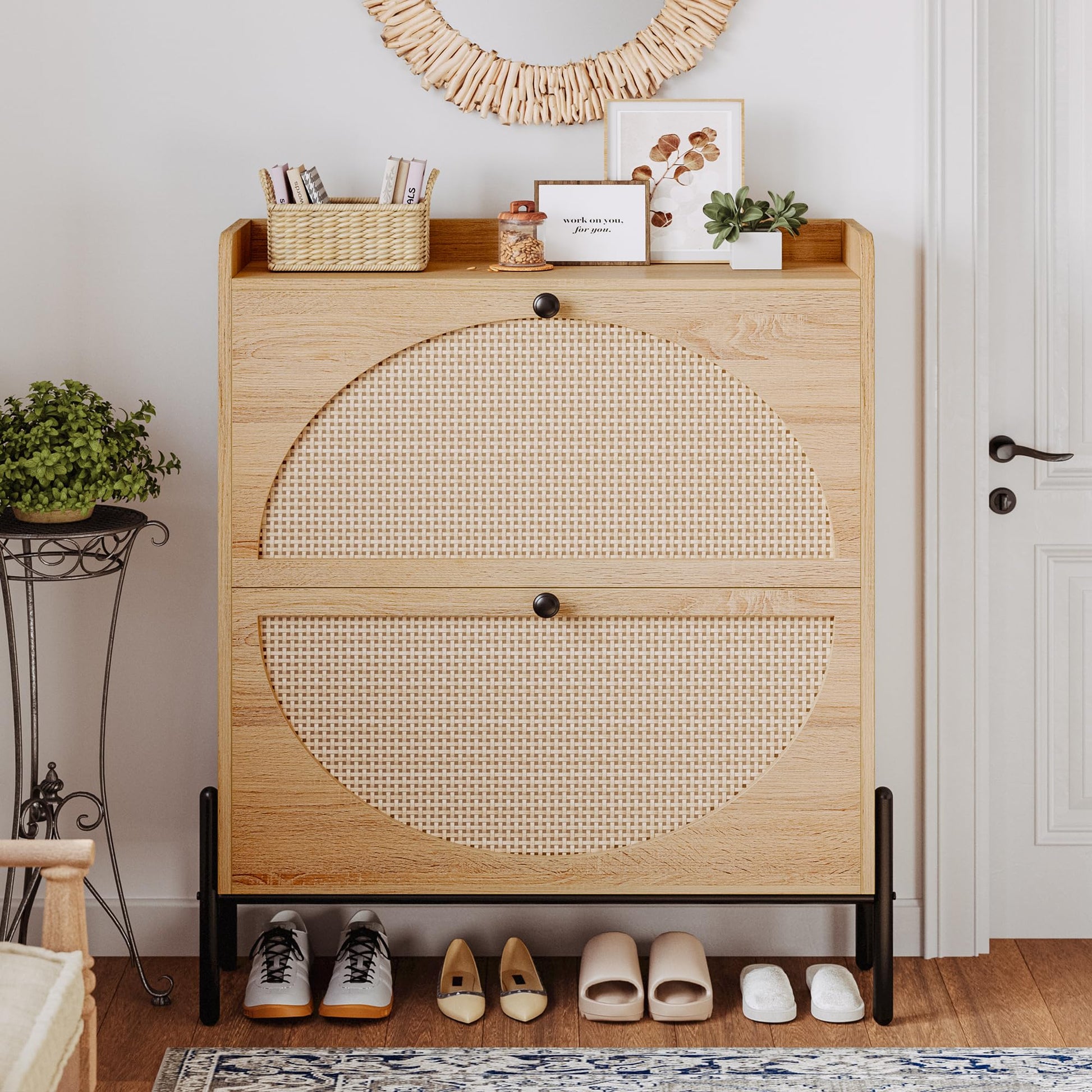 IRONCK Rattan Shoe Cabinet Storage with 2 Flip Drawers, Oak