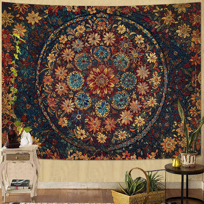 Fowocu Boho Floral Mandala Tapestry Wall Hanging Vintage Bohemian Flower Medallion Tapestry Aesthetic Orange Stained Glass Hippie Large Tapestries for Bedroom Living Room Dorm Decor 80 x 60 Inch