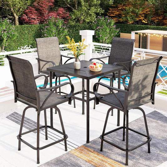 PHI VILLA Outdoor Swivel Bar Stools Set for 4, Metal Patio Bar Table and Chairs Set with Grey Textilene Fabric for Outside