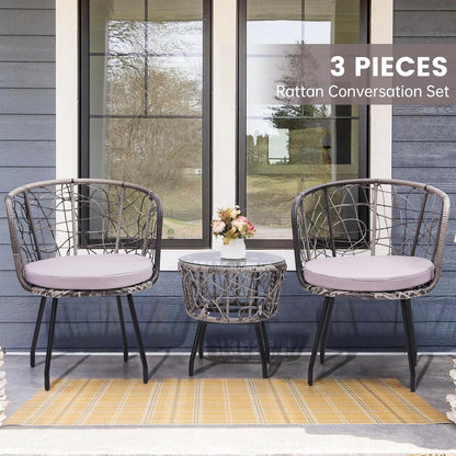 Kromax 3 Piece Bistro Set, Modern Outdoor Wicker Patio Furniture with Tempered Glass Table Top and 2 Chairs, Washable Cushions, Grey Rattan and Grey Cushion