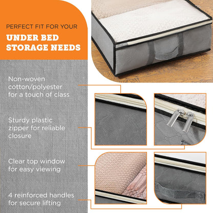 storageLAB Under Bed Storage Containers - Foldable Closet Organizer with Clear Top, Sturdy Handles - 7L Capacity Storage Box for Clothing, Comforter, Blanket, and Shoe - 2 Pack, Soft-Sided, Gray