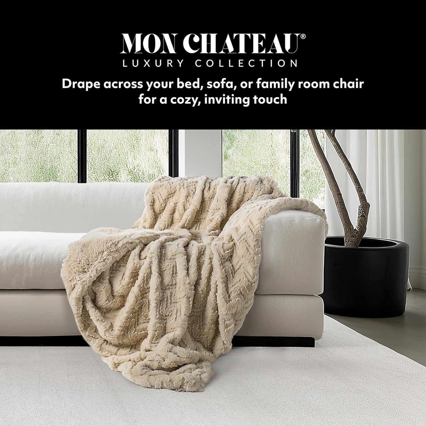 Mon Chateau Premium Reversible Queen Size Luxury Faux Fur Throw for Couch, Sofa, or Queen Size Bed - Plush Cozy Soft Blanket for Sleeping or Home Décor, 60" x 70" (Beige Jacquard)