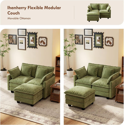 Ihanherry 57" L Shaped Modular Sectional Cloud Sofa, Modern 3 Seat Chenille Couch with Ottoman for Living Room, Bedroom and Apartment, Green