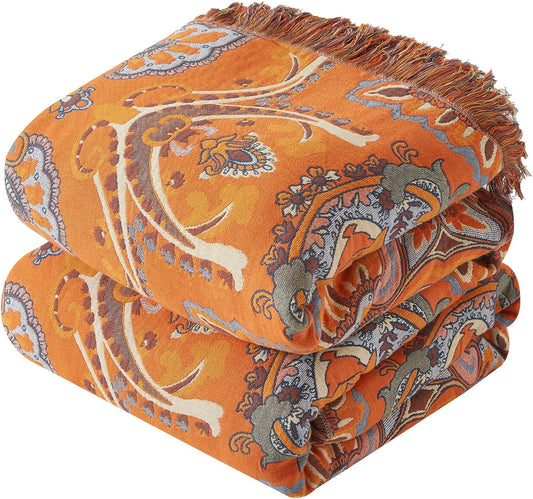 Boho Throw Blanket for Couch Sofa Bed, 100% Cotton Woven Quilt with Tassel 60”x80”, Super Soft Muslin Blanket with Oriental Universe Printed, Decorative Reversible Bed Blanket/Cover for All Seasons