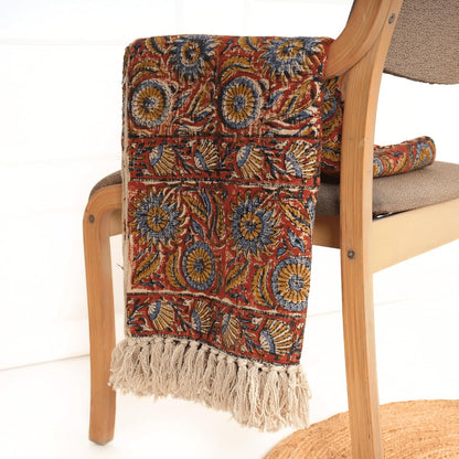 Handmade Cotton Throw Blanket | Floral Block Print in Orange & Navy | 48x70 Inches Fringed Bed Runner | Lightweight Boho Sofa Throw for Couch, Living Room & Bedroom Decor