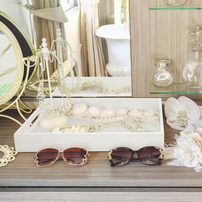 Wood Serving Tray with Handles, Home Decorative Wooden Rectangle Ottoman Decor Platter Vanity Tray for Breakfast Dinner Drinks Kitchen Dining Living Bathroom Restaurants White